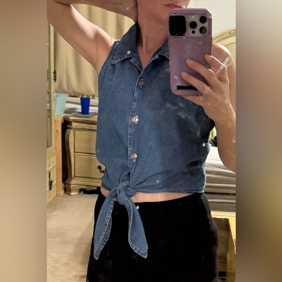 90s Vintage blue denim chambray tie front crop top shirt Size 4 women’s Small - Picture 2 of 4
